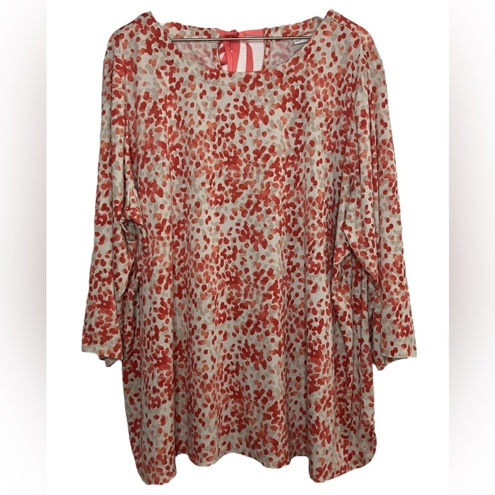 Susan Graver Liquid Knit Blouse 3X Abstract Dot Print Tie Back 3/4 Sleeve Mature